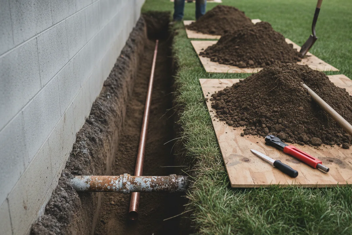 Excavated water line trench during Water Softener Installation in Morgantown